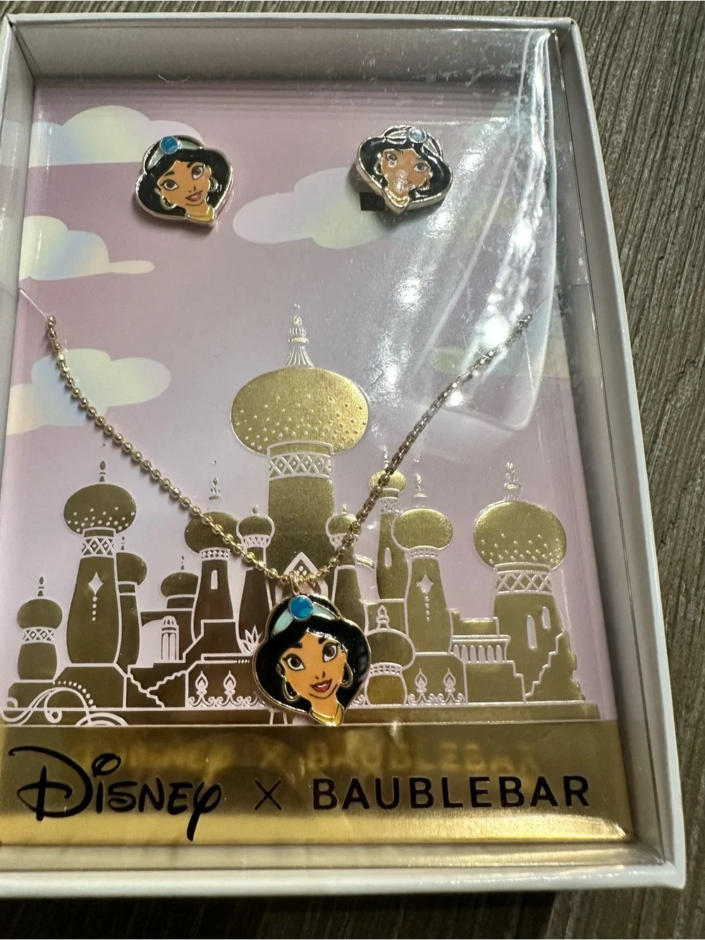 Disney Jasmine Face Necklace and Earrings Set - Gold, Black, Blue
